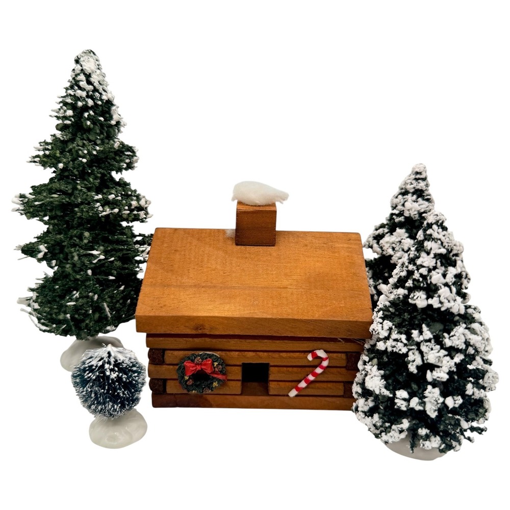 Christmas Village Wooden Log Cabin and 3 Snow Tipped Trees Set Excellent